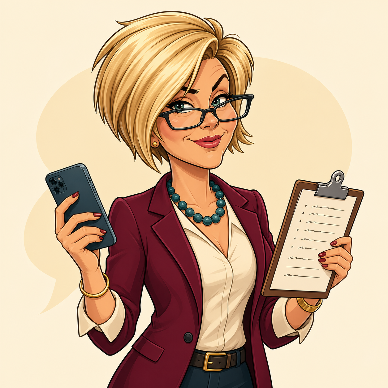 Cartoon Karen holding a phone and clipboard